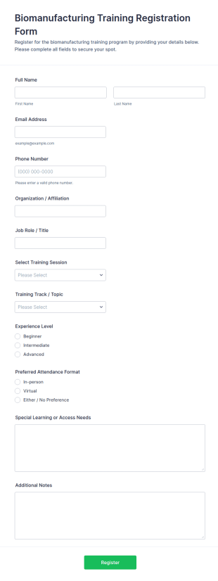 Biomanufacturing Training Registration Form Template