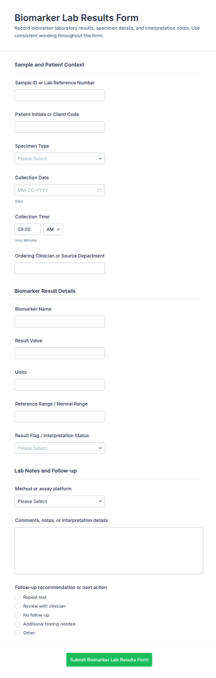 Biomarker Lab Results Form Template