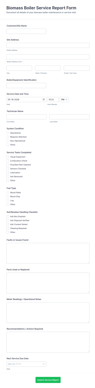 Biomass Boiler Service Report Form Template