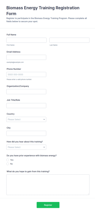 Biomass Energy Training Registration Form Template