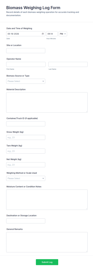 Biomass Weighing Log Form Template