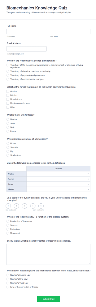 Biomechanics Knowledge Quiz Form Template