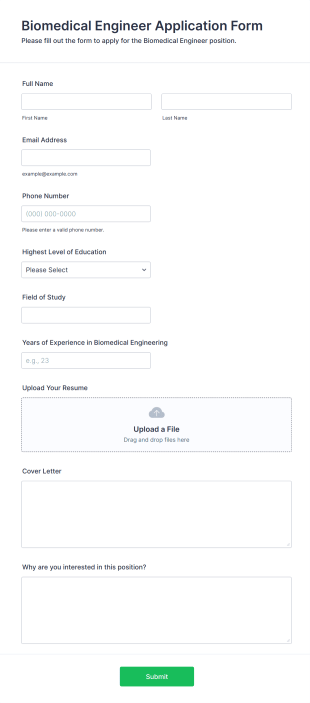 Biomedical Engineer Application Form Template