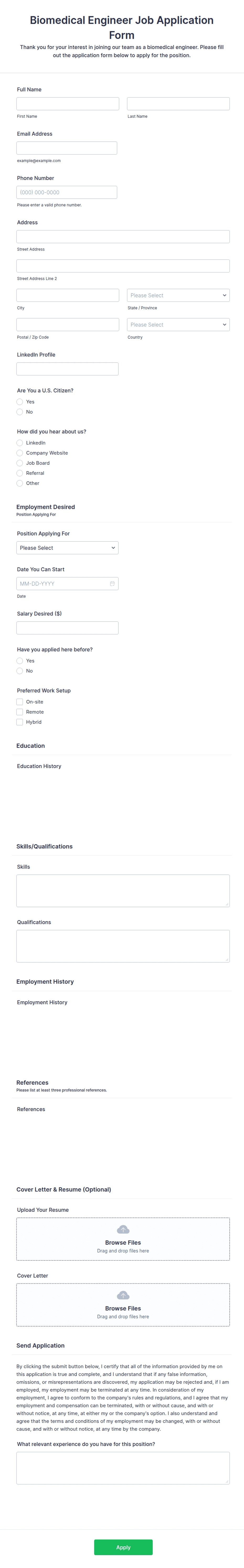 Biomedical Engineer Job Application Form Template | Jotform