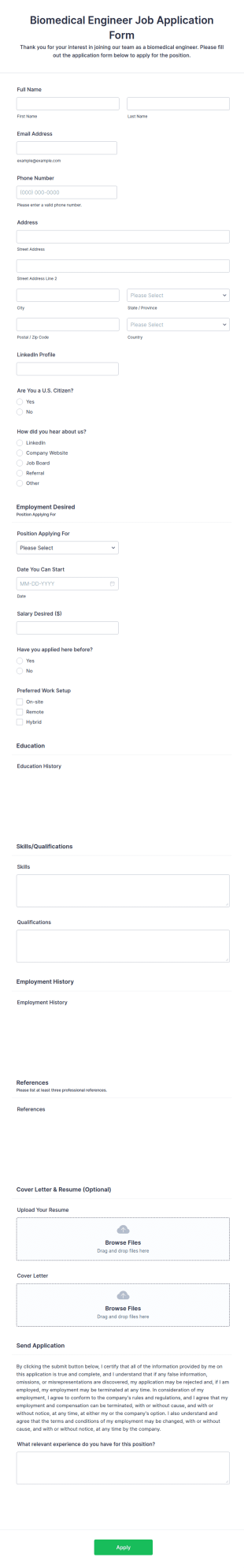 Biomedical Engineer Job Application Form Template