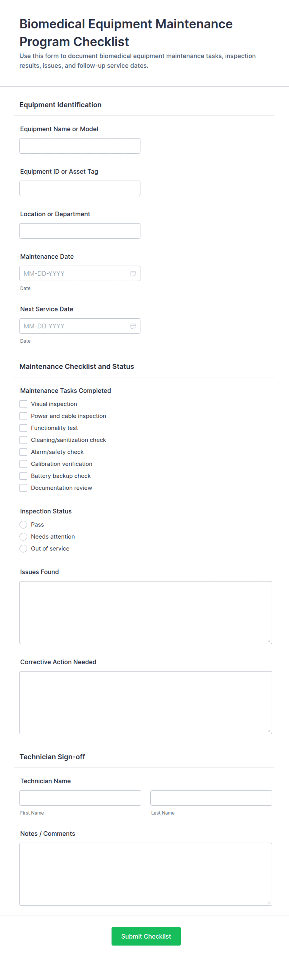 Biomedical Equipment Maintenance Program Checklist Form Template | Jotform
