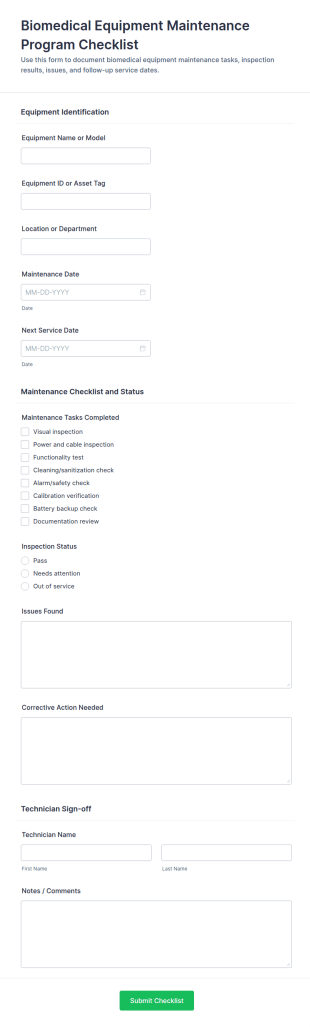 Biomedical Equipment Maintenance Program Checklist Form Template
