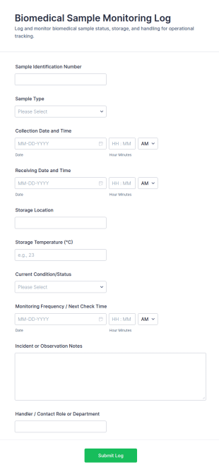 Biomedical Sample Monitoring Log Form Template