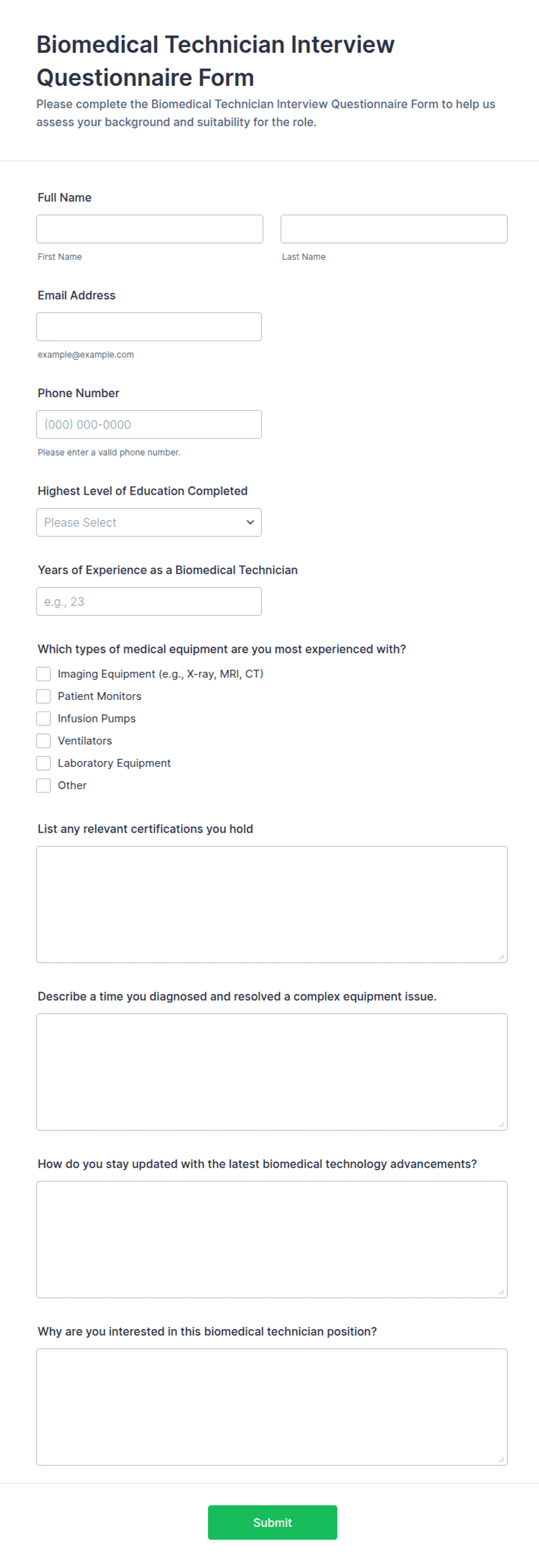 Biomedical Technician Interview Questionnaire Form Template | Jotform