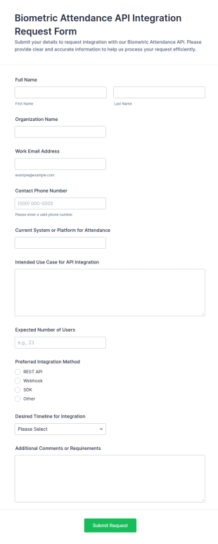 Biometric Attendance API Integration Request Form Template