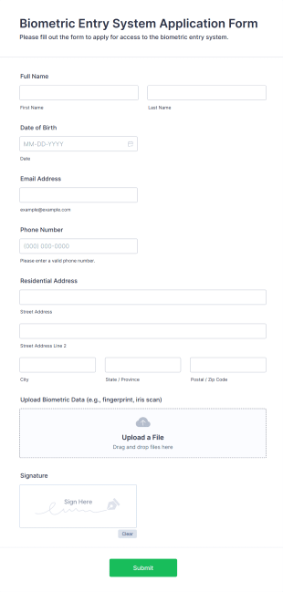 Biometric Entry System Application Form Form Template