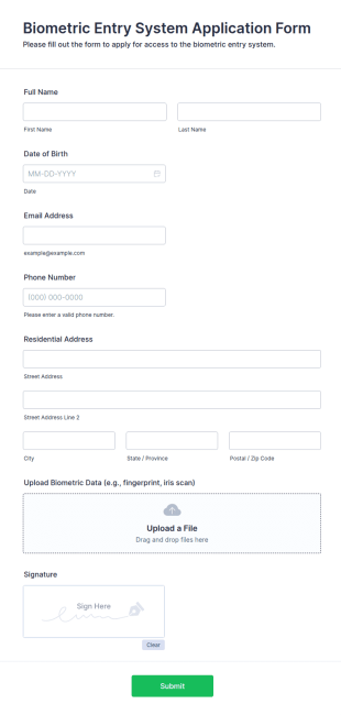 Biometric Entry System Application Form Template
