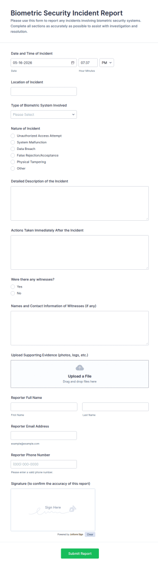 Biometric Security Incident Report Form Template