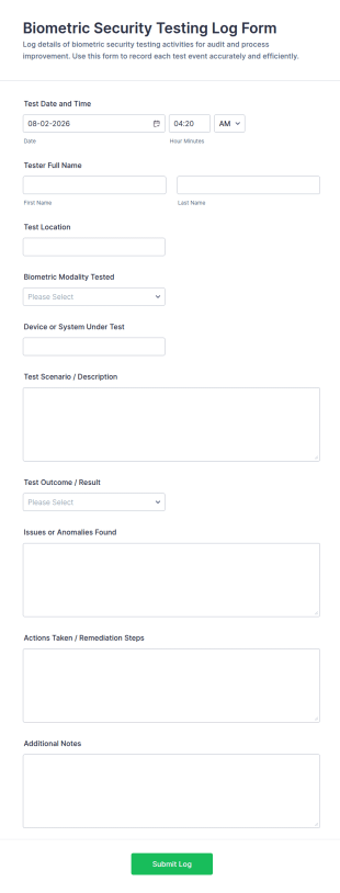 Biometric Security Testing Log Form Template