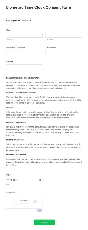 Biometric Time Clock Consent Form Template
