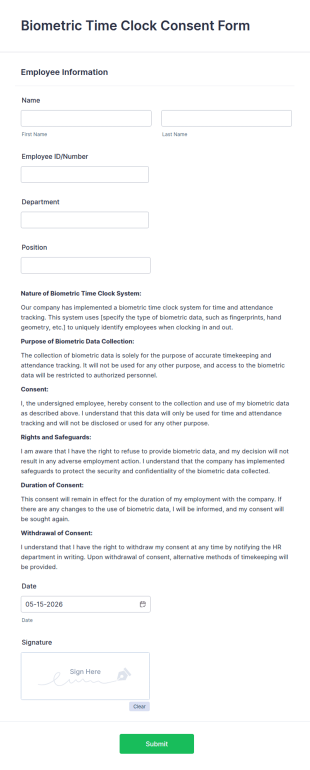 Biometric Time Clock Consent Form Template