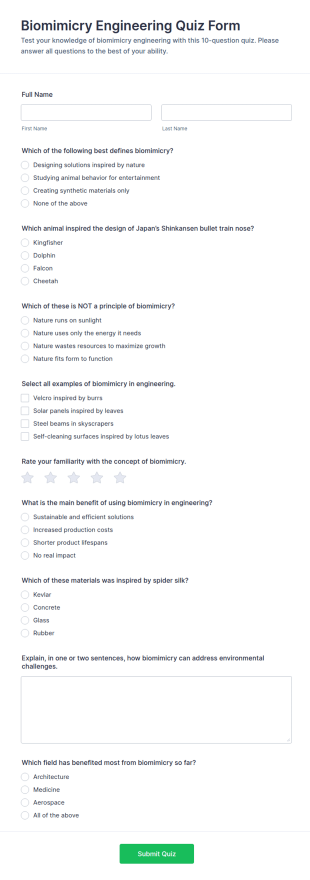 Biomimicry Engineering Quiz Form Template
