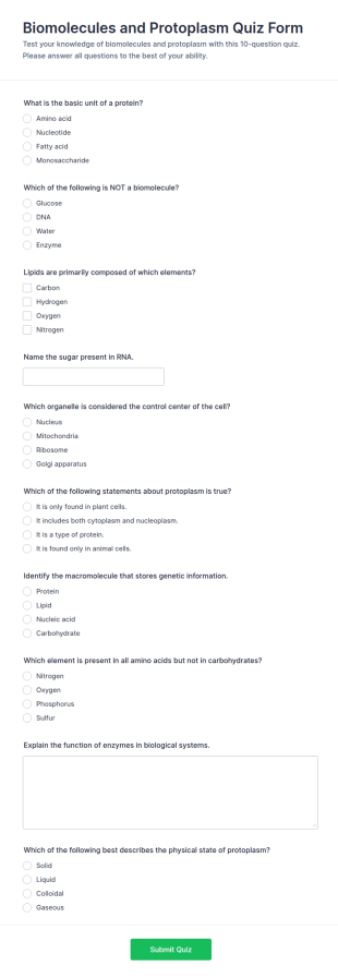 Biomolecules And Protoplasm Quiz Form Template
