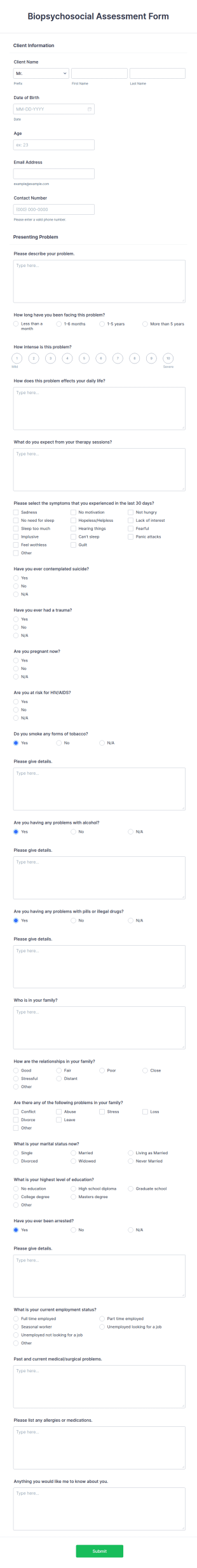 Biopsychosocial Assessment Form Template