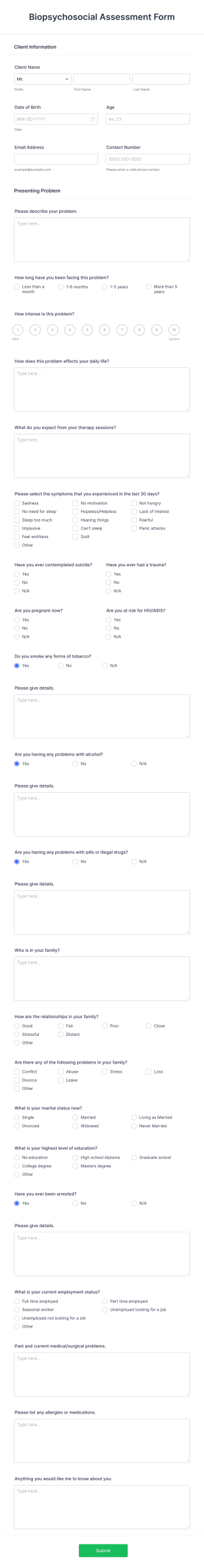 Biopsychosocial Assessment Form Template