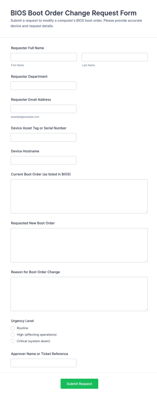 BIOS Boot Order Change Request Form Template