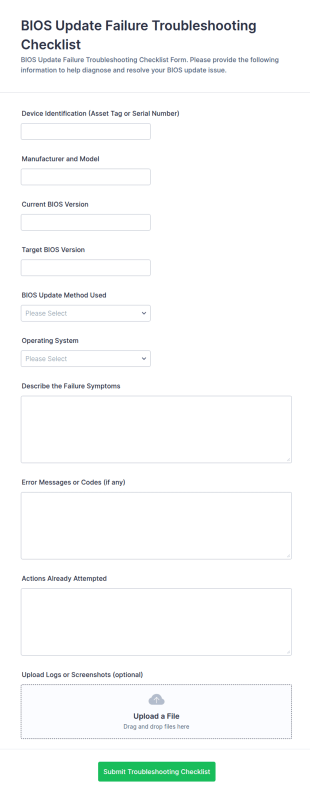 BIOS Update Failure Troubleshooting Checklist Form Template