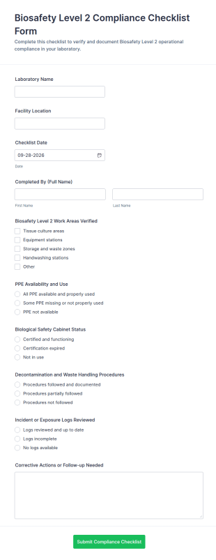Biosafety Level 2 Compliance Checklist Form Template