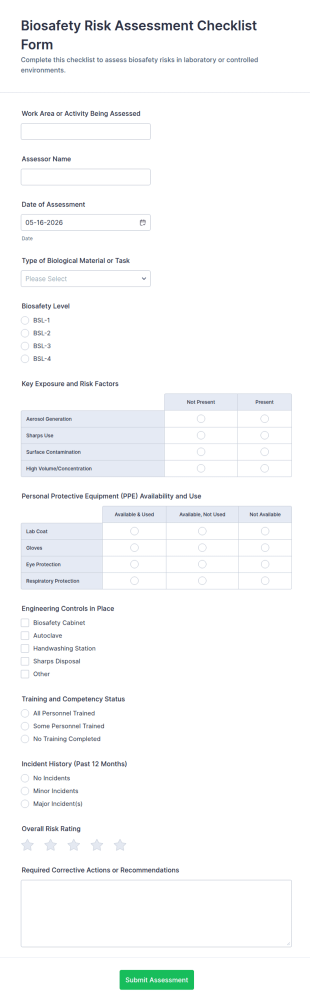 Biosafety Risk Assessment Checklist Form Template