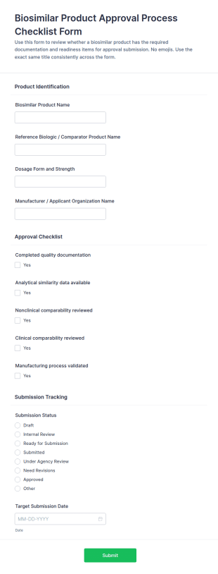 Biosimilar Product Approval Process Checklist Form Template