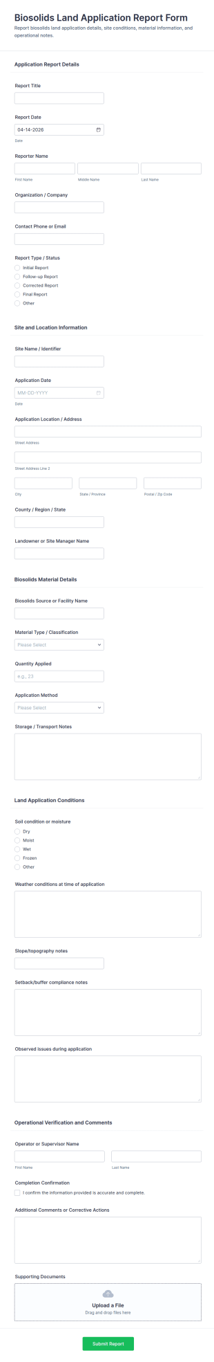 Biosolids Land Application Report Form Template