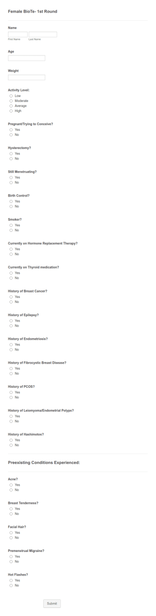 Female BioTe Questionnaire Form Template