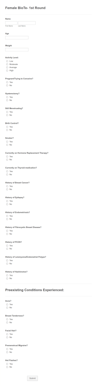 Female BioTe Questionnaire Form Template