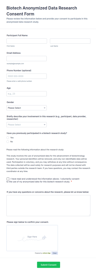 Biotech Anonymized Data Research Consent Form Template