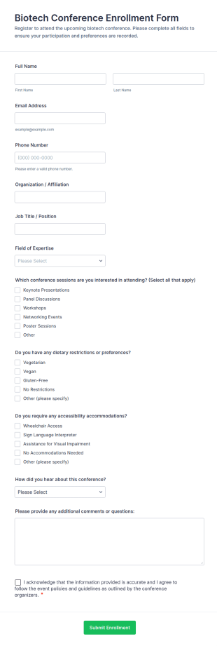 Biotech Conference Enrollment Form Template