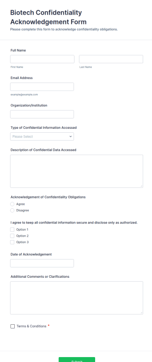 Biotech Confidentiality Acknowledgement Form Template