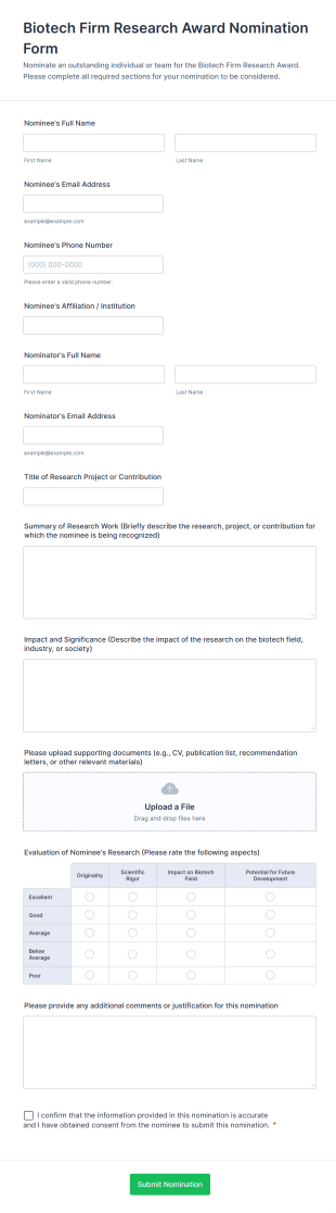 Biotech Firm Research Award Nomination Form Template