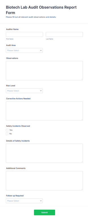 Biotech Lab Audit Observations Report Form Template