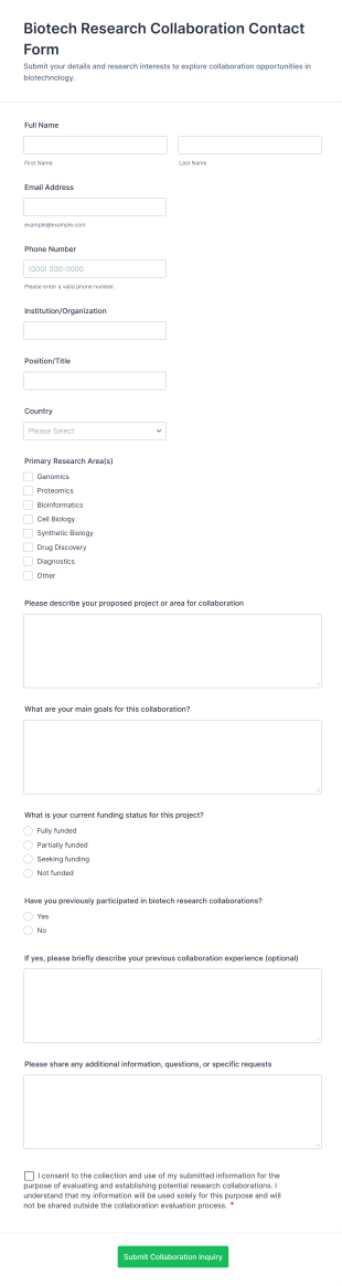 Biotech Research Collaboration Contact Form Template