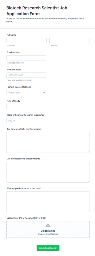 Biotech Research Scientist Job Application Form Template