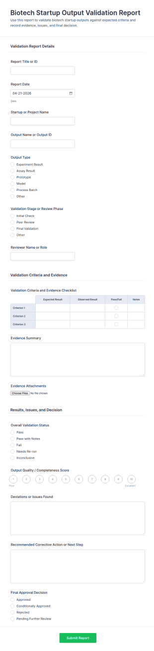 Biotech Startup Output Validation Report Form Template