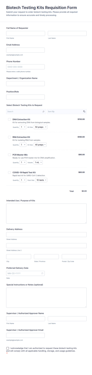 Biotech Testing Kits Requisition Form Template