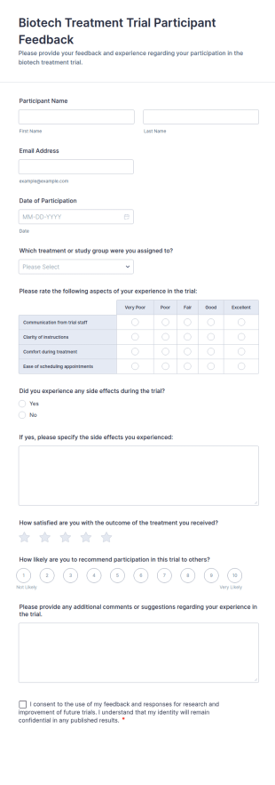 Biotech Treatment Trial Participant Feedback Form Template