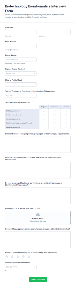 Biotechnology Bioinformatics Interview Form Template
