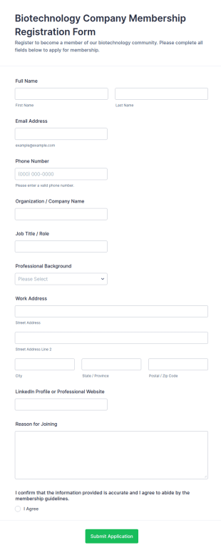 Biotechnology Company Membership Registration Form Template