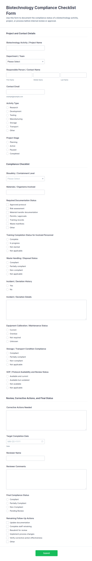 Biotechnology Compliance Checklist Form Template