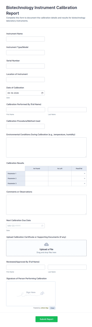 Biotechnology Instrument Calibration Report Form Template
