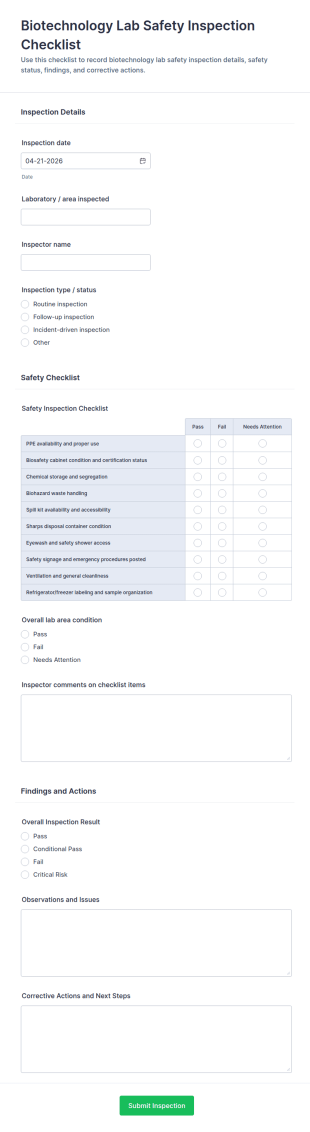Biotechnology Lab Safety Inspection Checklist Form Template