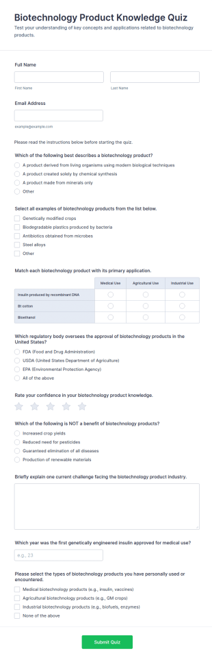 Biotechnology Product Knowledge Quiz Form Template