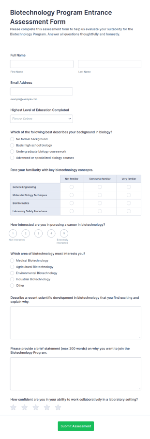 Biotechnology Program Entrance Assessment Form Template