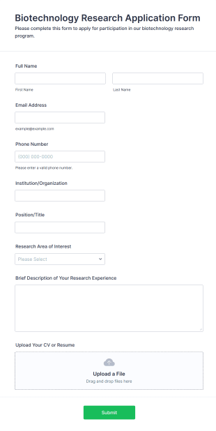 Biotechnology Research Application Form Form Template